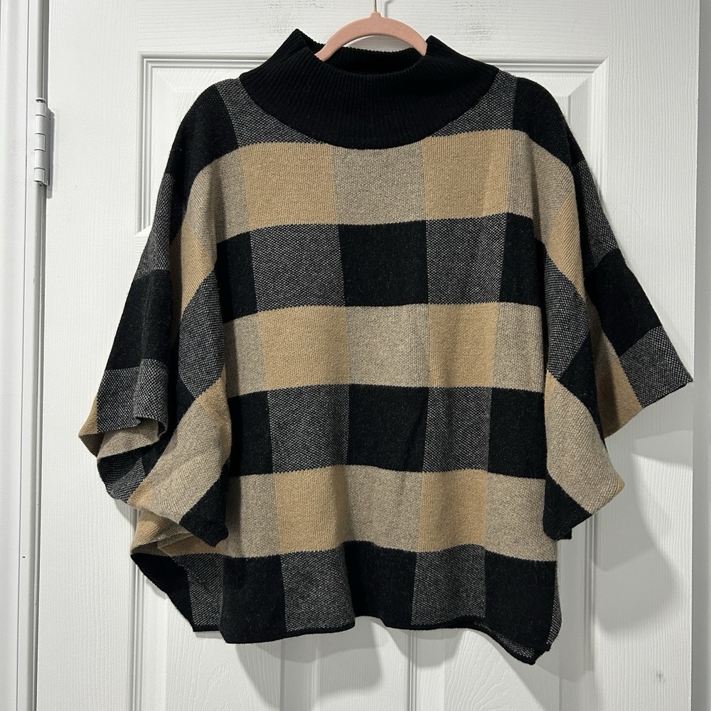 Note Di Anita Merino Wool Cashmere Poncho Sweater Buffalo Plaid Dolman‎ Sleeve